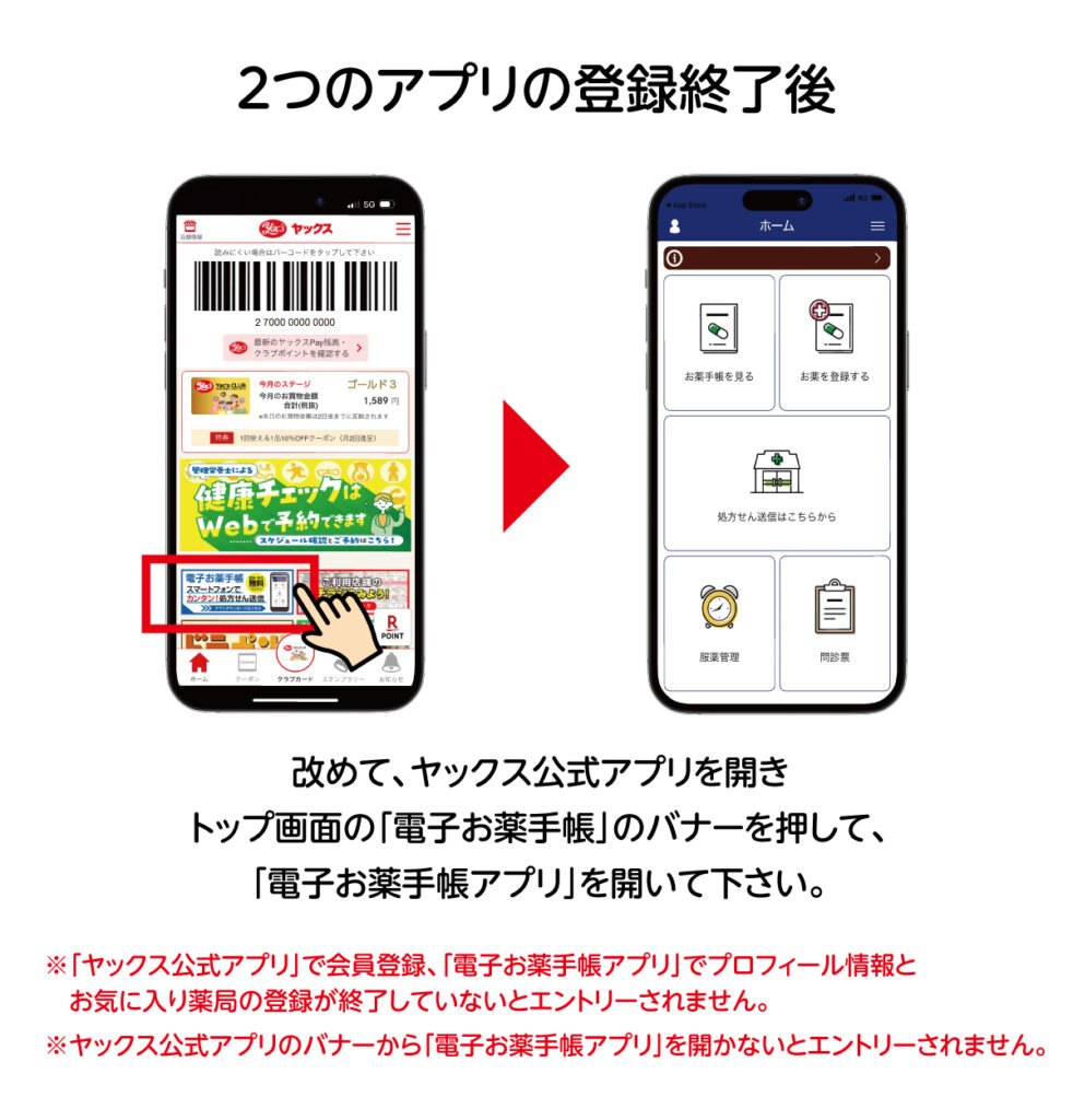 2つのアプリの登録終了後、改めて、ヤックス公式アプリを開き、トップ画面の「電子お薬手帳」のバナーを押して、「電子お薬手帳アプリ」を開いて下さい。また、各アプリの条件を満たしていない場合、エントリーされません。ご不明な点がございましたら店舗従業員までご相談下さい